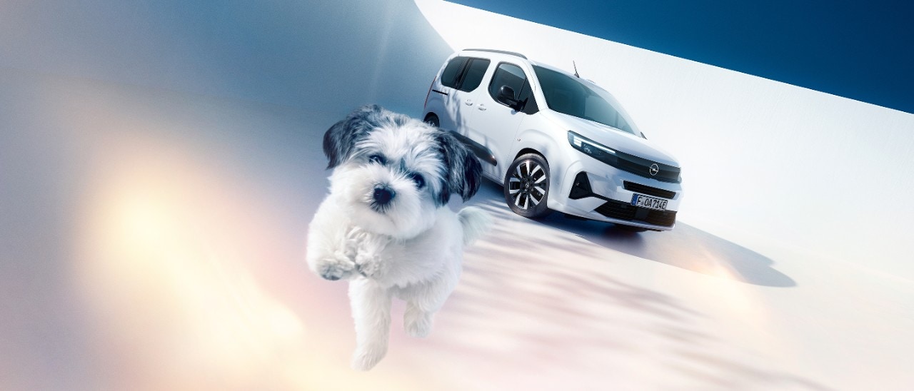 Een witte Opel Combo Life Electric en een hond schuin van voren gezien